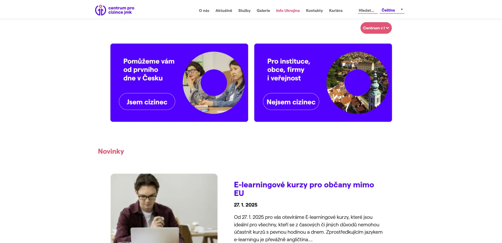 Web Centra pro cizince Jihomoravského kraje v Brně – kurzy, registrace a vícejazyčný obsah